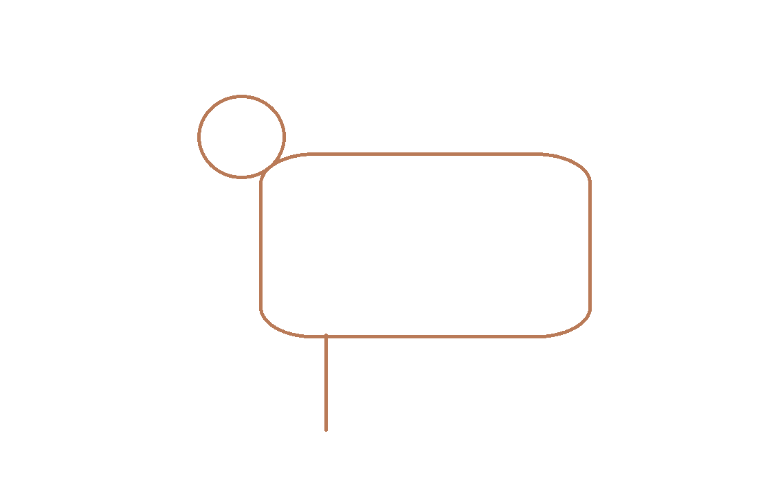 Huonosti piirretty ruskea koira, jolla on vain yksi jalka. Tehty Paintin viiva-, pallo ja pyöreäkulmainen suorakulmio-muodoilla.