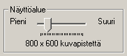 Näyttöalue-kohta, jossa valinta on 800x600 kuvapistettä